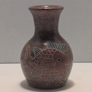 Vintage Small Hand Painted Burnished Etched Pottery Art - Nautical Sea Fish Vase